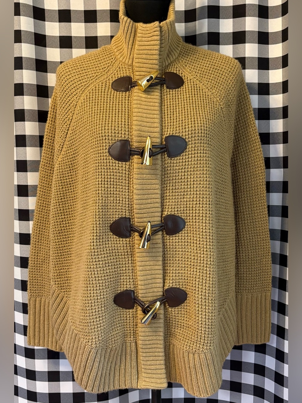 Michael Kors Chunky Knit Toggle Rich Tan Poncho Cardigan Sweater Size S